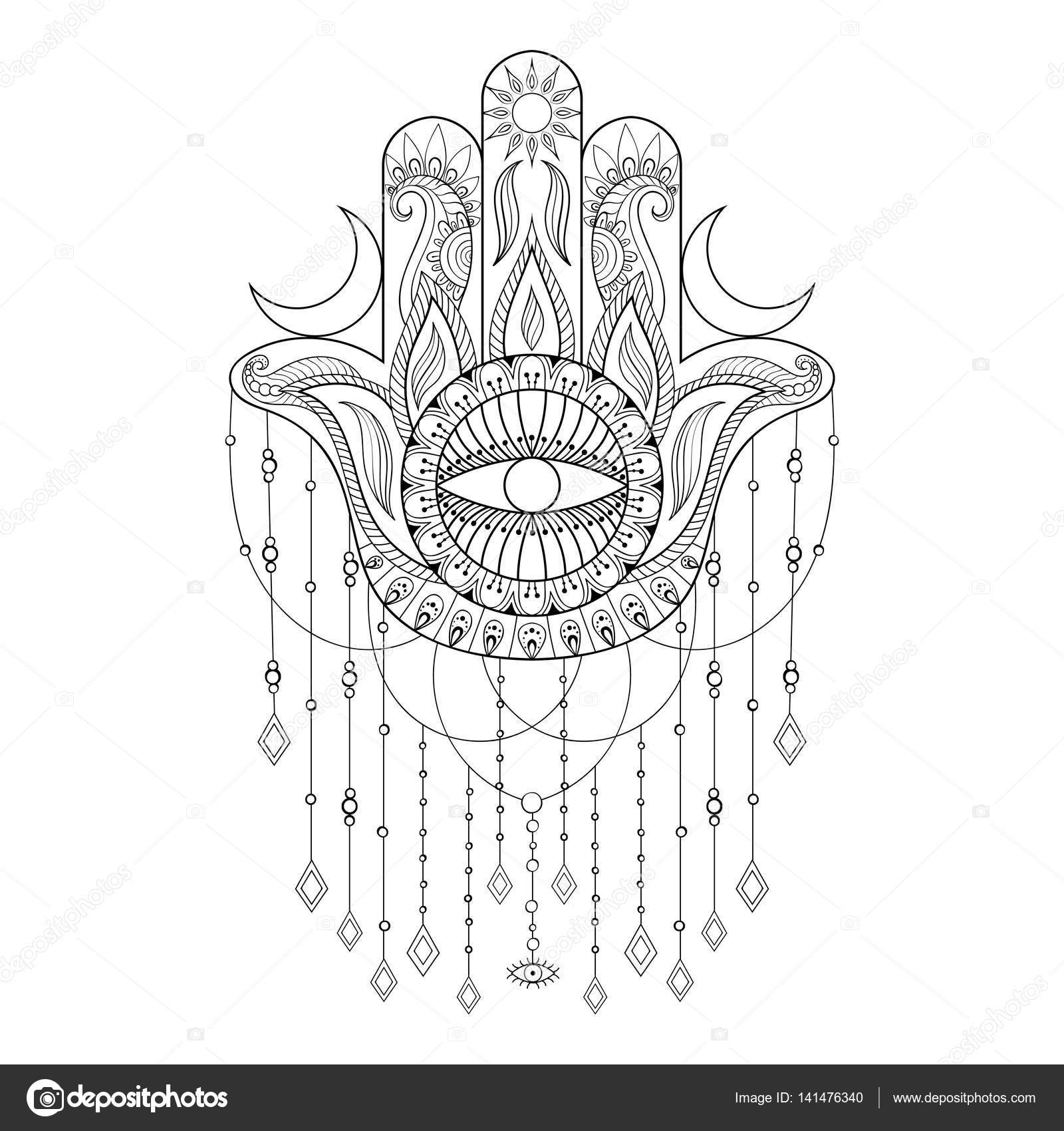 Hamsa della mano Mano disegnato simbolo di protezione per adulto anti libro da colorare lo stress pagina in stile zentangle Disegno del tatuaggio del