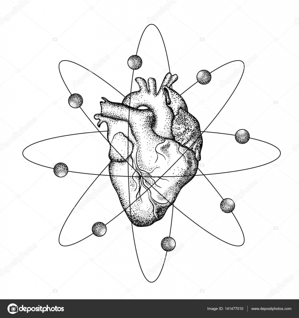 Coração humano realista com asas como átomo com elétrons. Tatto. Vetor de  ©i_panki 141477010, image size:963x1024