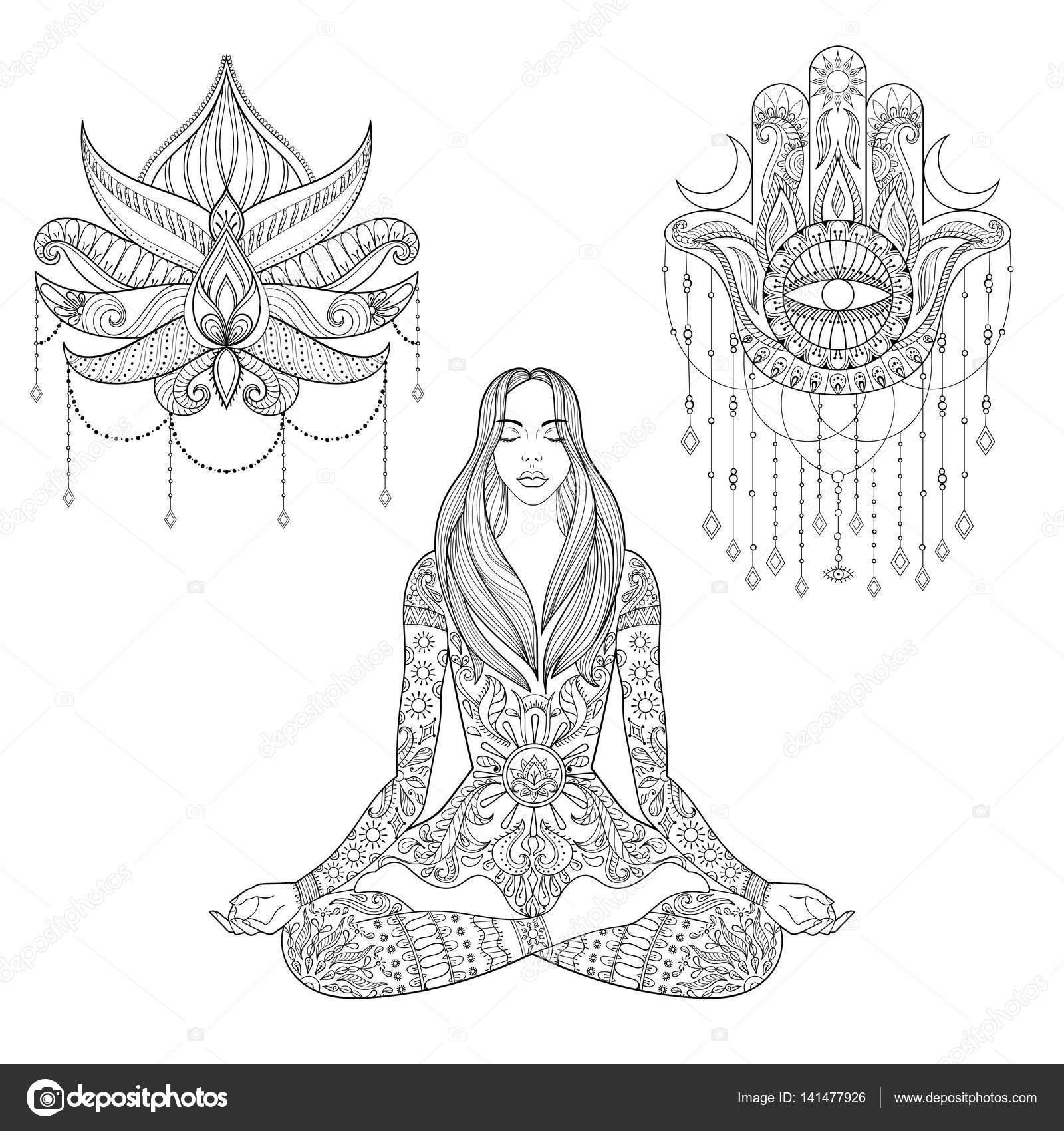 Donna che si siede nella posizione del loto mano di hamsa disegno del tatuaggio del fiore Vector ornato ragazza silhouette per adulti da colorare