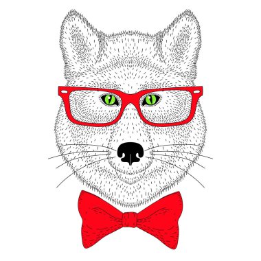 Şirin kurt portre, papyon, yüzle gözlük. Elle çizilmiş anthr