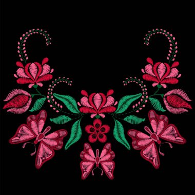 Nakış kelebek, bahar çiçekleri ile. Kolye kumaş için, 