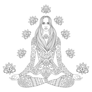 Lotus poz oturan kız. Lotus ile süslü boho kadın vektör