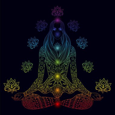 Lotus poz Çakralar ile oturan kız. Vektör süslü boho wom