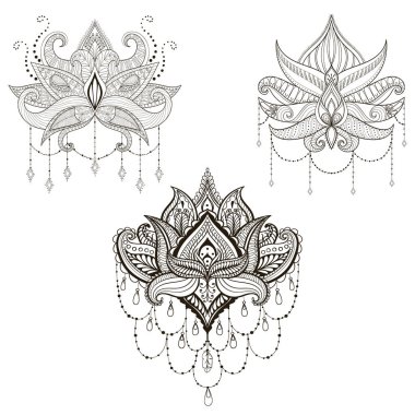 Elle çizilmiş vektör Lotus çiçeği ayarla, vektör çizim, ornamen