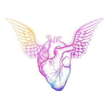 St Sevgililer günü tebrik kartları için kanatlı gerçekçi insan kalbi