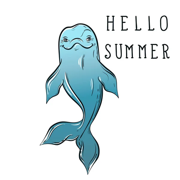 Botella azul nariz mar delfín boceto con caligrafía Hello summe — Vector de stock