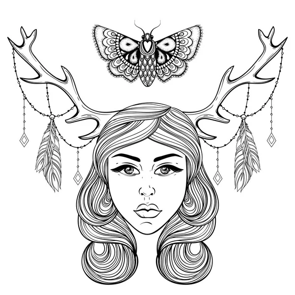 Belle fille avec des cornes de cerf boho comme chaman. Forêt vectorielle — Image vectorielle