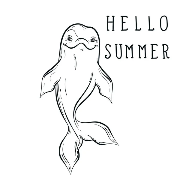 Fles neus zee dolfijn schets met kalligrafie Hello zomer in — Stockvector