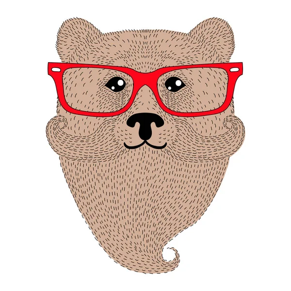 Cute brown bear portrait with french mustache, beard, glasses. H — Stock Vector