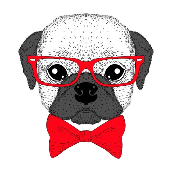 Niedliche französische Bulldogge Junge Porträt mit Fliege, Brille. Hand aufs Herz — Stockvektor
