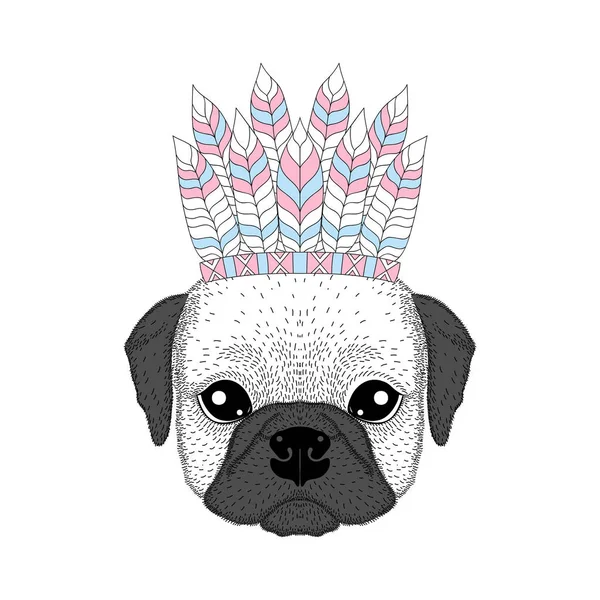 Cute french bulldog with war bonnet on head. Hand drawn dog face — Stock Vector