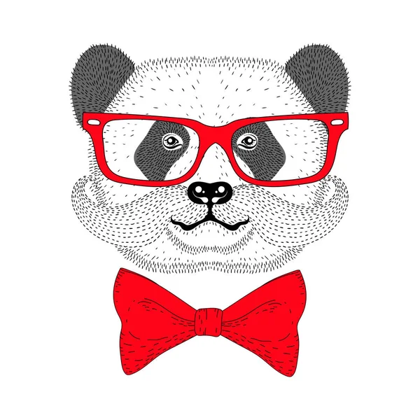 Cute panda portrait with french mustache, bow tie, glasses. Hand — Stock Vector