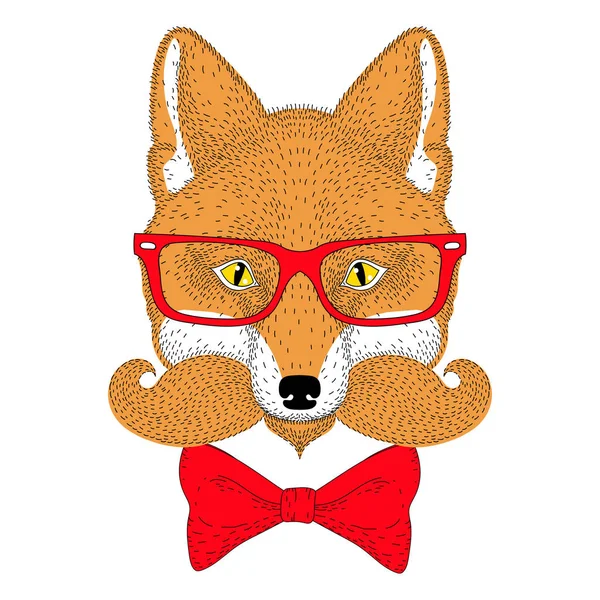 Sevimli Kırmızı tilki portre, yüz ile Fransız bıyık, papyon, cam