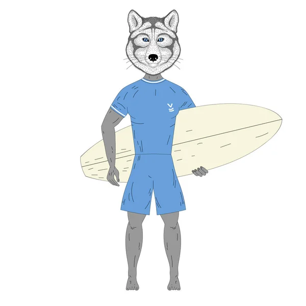 Lobo surfista bonito com prancha de surf. Anim antropomórfico desenhado à mão — Vetor de Stock
