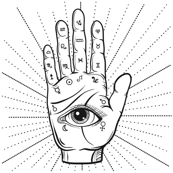 Fortune Teller Hand with Palmistry diagram, handdrawn all seeing — Stock Vector
