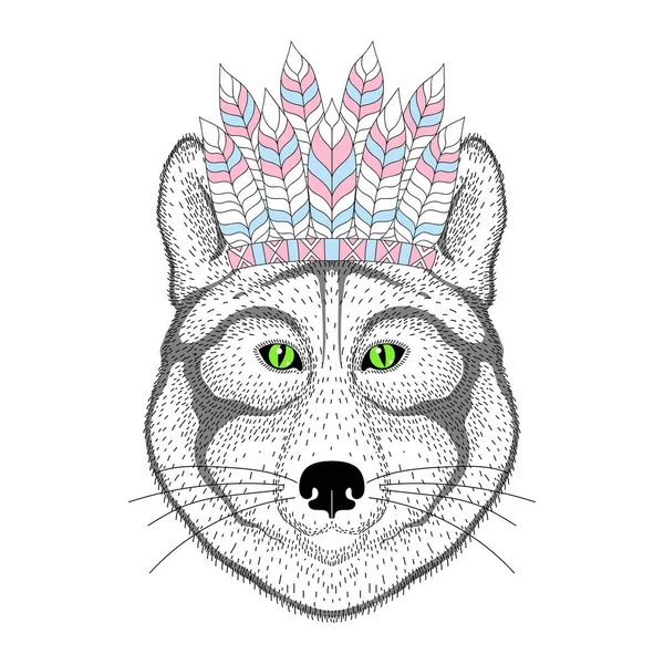 Cute wolf portrait with war bonnet on head. Hand drawn kitty fac — Stock Vector