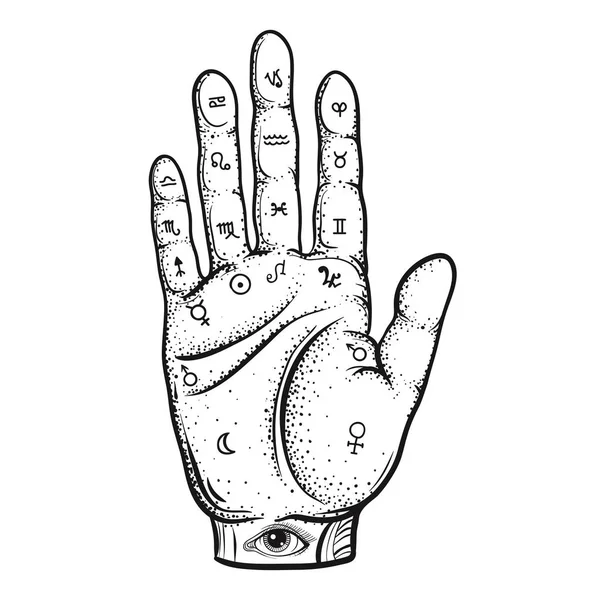 Fortune Teller Mano con diagrama de quiromancia, boceto con dibujo a mano — Vector de stock