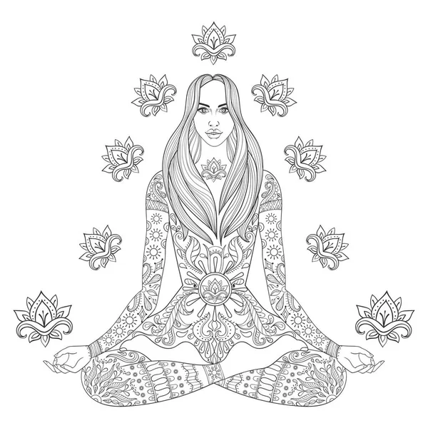 Dziewczyna siedzi w pozycji lotosu. Kobieta kwiecisty boho wektor z lotus — Wektor stockowy