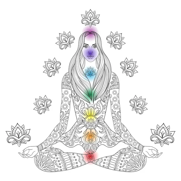 Chica sentada en pose de loto con chakras. Vector adornado boho wom — Vector de stock