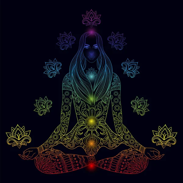 Fille assise dans la pose de lotus avec des chakras. Vecteur orné wom boho — Image vectorielle