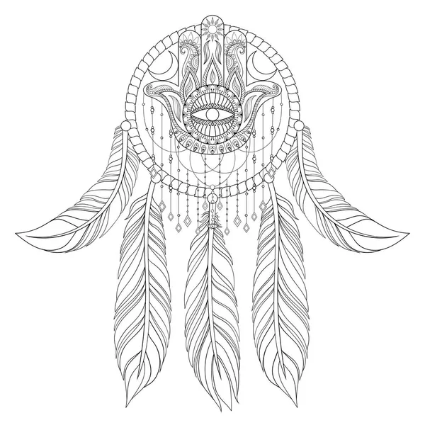 Ilustración dibujada a mano de atrapasueños étnicos con mano de hamsa — Vector de stock