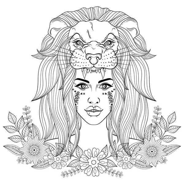 Portrait de fille boho avec masque de tête de léon, femme en couronne florale — Image vectorielle