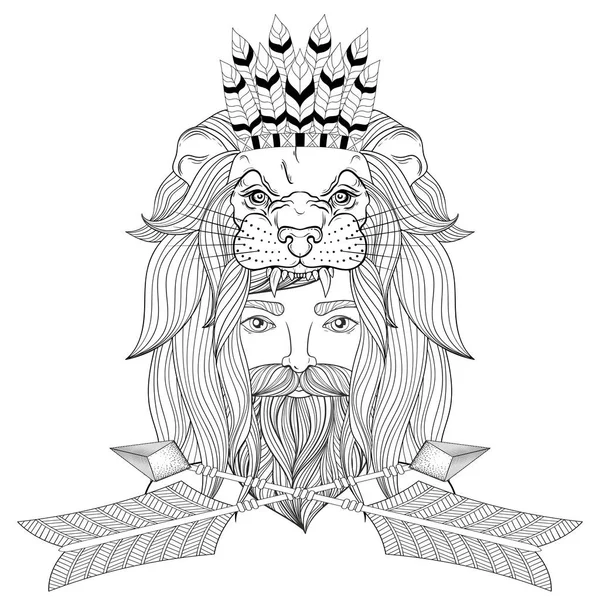 Muotokuva vintage mies leijona pää naamio sota konepelti — vektorikuva