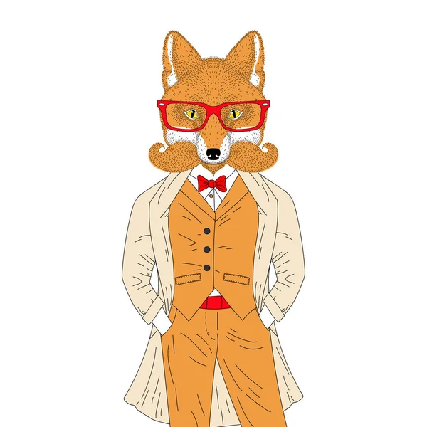 Vector anthropomorphic fox in elegant classic suit with coat. Ha — Stock Vector