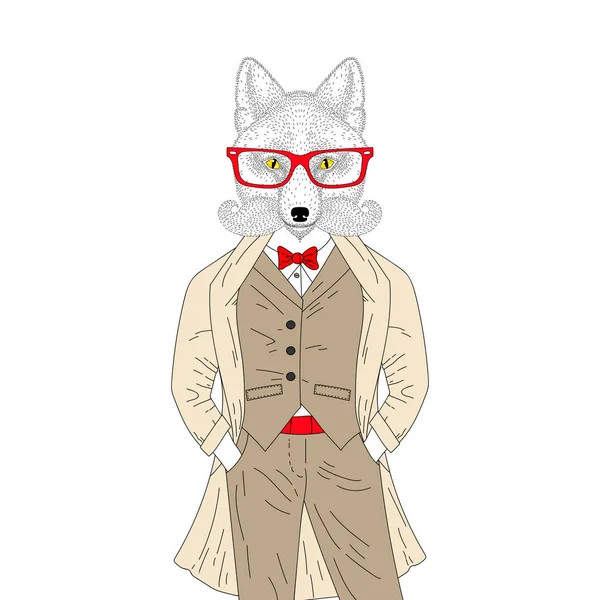 Vector brutal fox in elegant classic suit with coat. Hand drawn — Stock Vector
