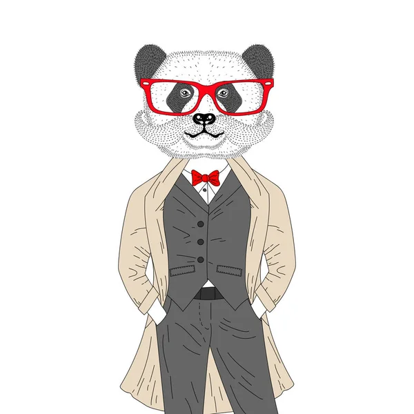Vektor brutální panda v elegantní Klasický oblek s kabátem. Ruční kreslení — Stockový vektor