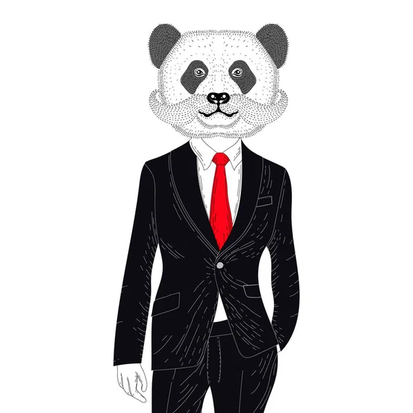 Vector panda brutal em terno clássico elegante. Antropo desenhado à mão — Vetor de Stock