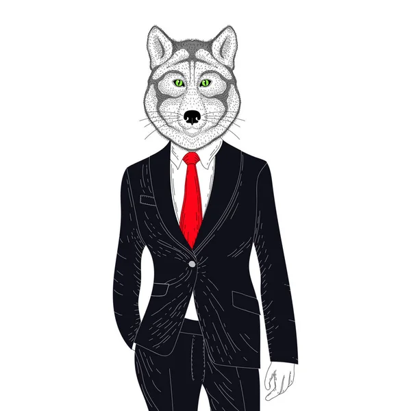 Vector brutal wolf in elegant classic suit. Hand drawn anthropom — Stock Vector