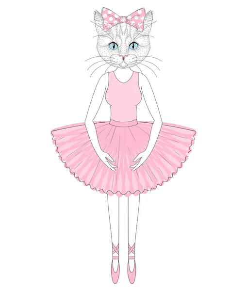 Vector gato bonito no vestido como bailarina. Antropomorpo desenhado à mão — Vetor de Stock