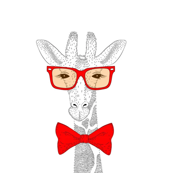 Vector söt giraff ansikte med solglasögon, fluga. Fashion hand — Stock vektor