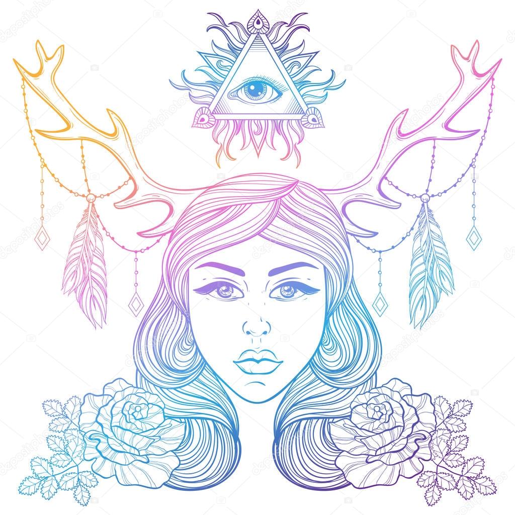 Beautiful girl with horns decorated boho elements. Color vector 