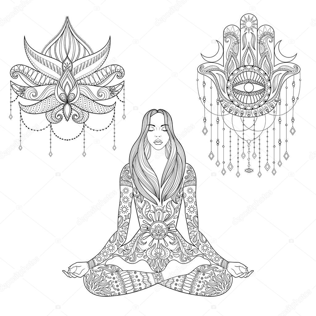 Woman sitting in lotus position, hamsa hand, flower tattoo design.  Vector ornate girl silhouette for adult coloring pages, meditation, yoga, gipsy soul, zentangle ethnic boho set.