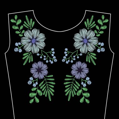 Yaka için mavi kır çiçekleri ile nakış dikiş. Vektör 