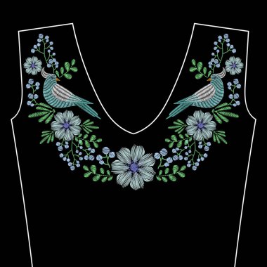 Nakış dikiş ile güvercin kuşu, Indigo çiçegi boyun için