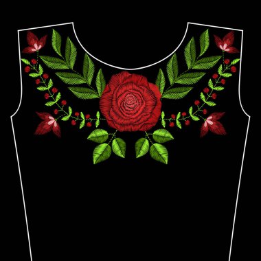 Yaka için kırmızı gül çiçekler ile nakış dikiş. Vektör f