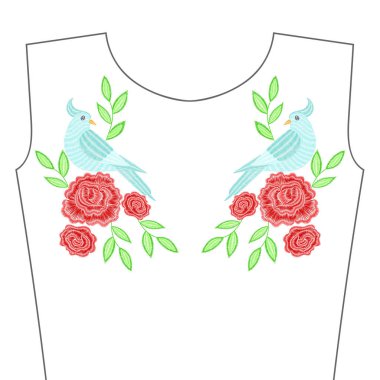 Nakış dikiş ile kırmızı gül çiçekler, yaka için kuş. Ve