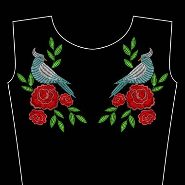 Nakış dikiş ile kırmızı gül çiçekler, yaka için kuş. Ve
