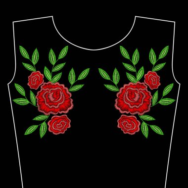 Yaka için kırmızı gül çiçekler ile nakış dikiş. Vektör f