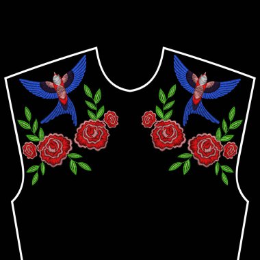 Nakış Dikiş GÜLLÜ, kuş yaka için yutmak. Vecto