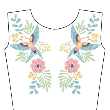 Bahar swallow kuş, kır çiçekleri n ile nakış dikiş