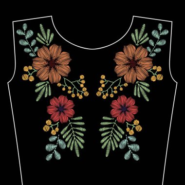 Nakış dikiş ile bahar çiçegi yaka için. Vecto