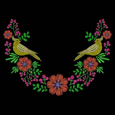 Nakış güvercin kuşu, yabani çiçek çelenk yaka için ile. VEC