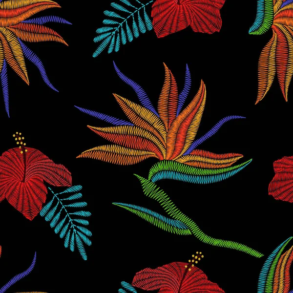 Embroidery Bird of Paradise flowers, tropical Strelitzia, hibisc — Stock Vector