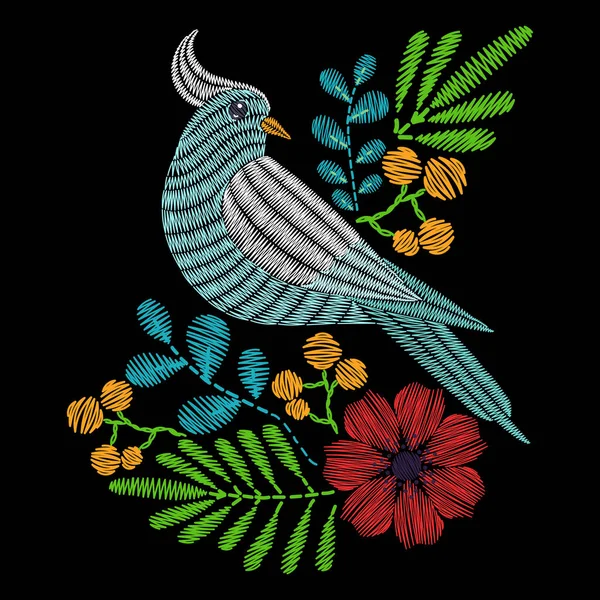 Stickvogel mit Blumen, Taubenmuster. Vektor Mode ornam — Stockvektor