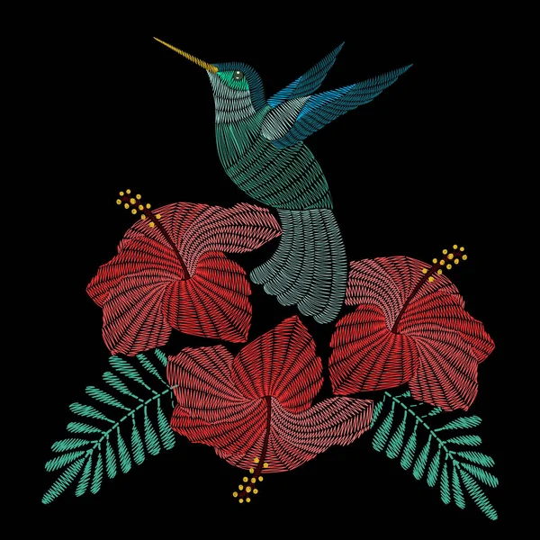 Colibrì da ricamo con fiori di ibisco. Corno di moda vettoriale — Vettoriale Stock