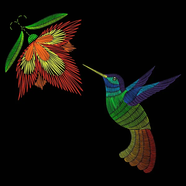 Colibrí bordado, exótico pájaro tropical con flor. Vector — Archivo Imágenes Vectoriales